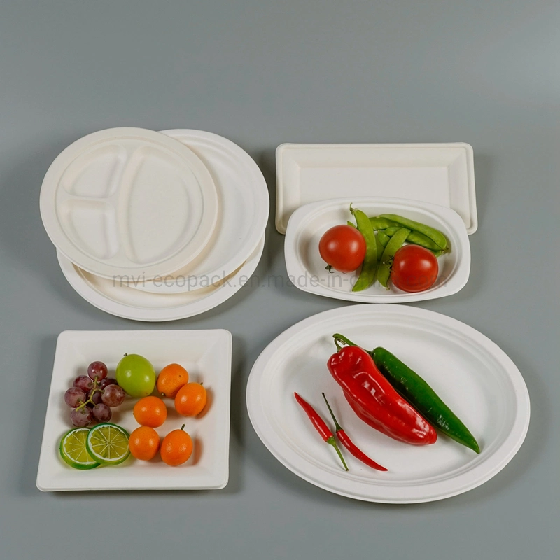 Disposable Rectangle/Square/Oval/Round Plates Sugarcane Pulp Bagasse Biodegradable Plate